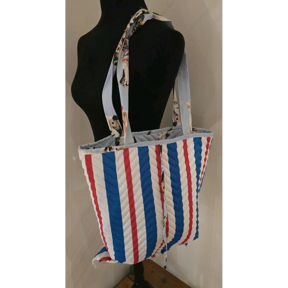 Mainstays Reversible Quilted Tote Bag Dog Print Blue Red Striped Shoulder Bag - Picture 3 of 12